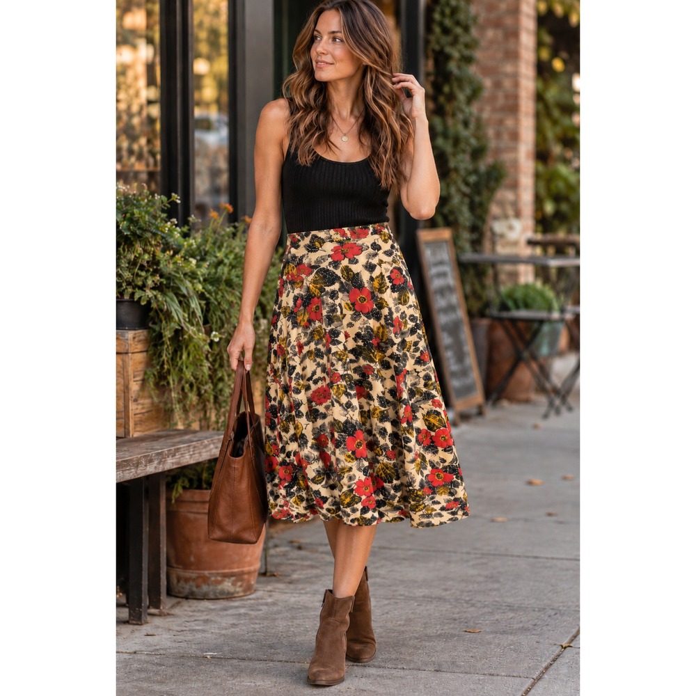 Effies Heart Floral Poppies A Line Circle Skirt Cream Red Pocket Stretch Medium